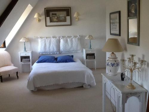 1 dormitorio con cama blanca y almohadas azules en Domaine de la Botterie, en Azay-le-Ferron