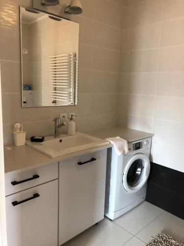 ein Badezimmer mit einer Waschmaschine und einem Waschbecken in der Unterkunft Apartamenty Tychy Bielska 149A in Tychy