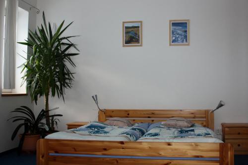 uma cama de madeira num quarto com duas plantas em Apartmány Doma em Janov nad Nisou