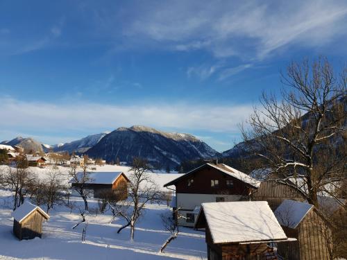 a snow covered village with mountains in the background at A&Z Apartment Siegl in Bad Aussee
