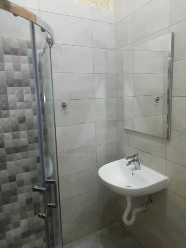 a white bathroom with a sink and a shower at Sixty Two #4 in Victoria