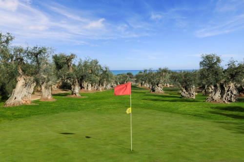 a red flag on a golf course with trees at Rocco Forte Masseria Torre Maizza in Savelletri di Fasano