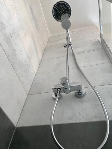 a shower in a bathroom with a fan on the floor at Residence Hoche in Le Pré-Saint-Gervais