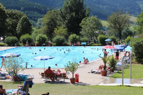 a large swimming pool with people in it at Pension Schlossbergblick in Simonswald