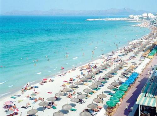 a beach with many umbrellas and people in the water at Wonderful, 100 meters from the beach. in Can Picafort