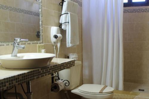 a bathroom with a sink and a toilet and a shower at Hotel Hacienda Gualiqueme in Choluteca