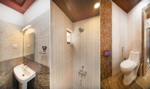 two pictures of a bathroom with a toilet and a sink at Hotel Dvaraka Inn in Bangalore