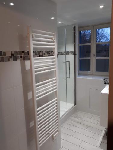 une salle de bain avec douche et porte vitrée dans l'établissement Gîte entre Vignes et Montagne, à Lhuis