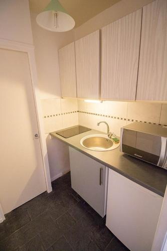 une petite cuisine avec un évier et un micro-ondes dans l'établissement La Foret 4, à Mimizan-Plage