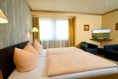 a hotel room with a bed and a television at Gästehaus Hebinger am Schlosspark in Deidesheim