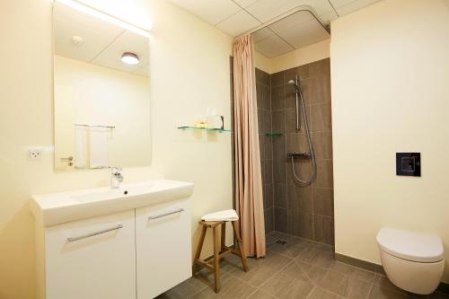 a bathroom with a sink and a toilet and a shower at Hotel Vejlefjord in Stouby