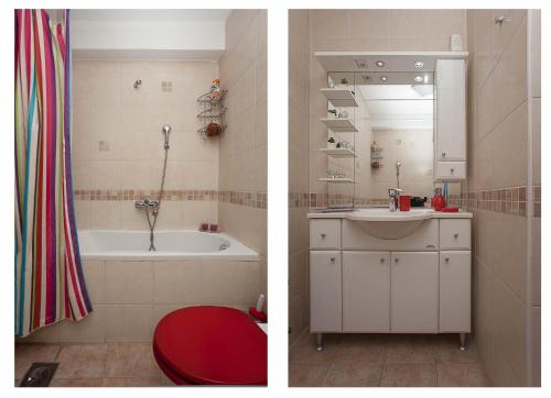 Dos fotos de un baño con bañera y lavabo. en RED APARTMENT, en Skopje