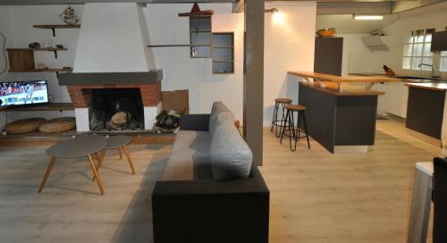 un salon avec un canapé et une cheminée dans l'établissement Les 3 meninos, à Vieux-Boucau-les-Bains