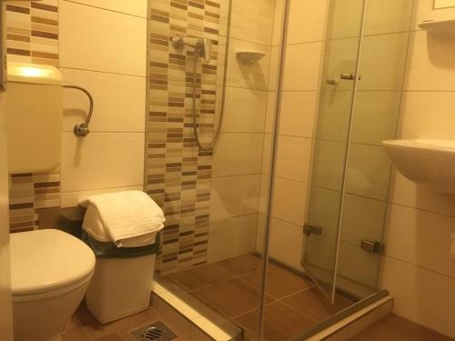 a bathroom with a shower with a toilet and a sink at Koller Panzió in Bonyhád