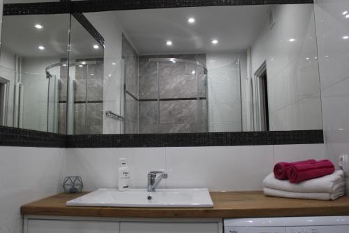 a bathroom with a sink and a mirror at Apartament Izabella in Suwałki