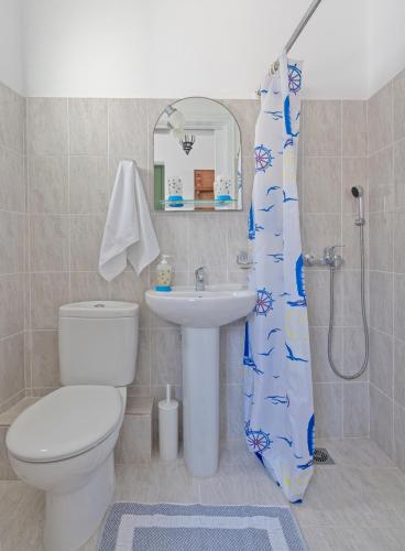 a bathroom with a toilet and a sink and a shower curtain at Yalos rooms in Astypalaia