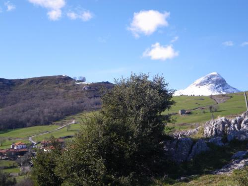 a mountain in the distance with a tree in the foreground at Balcón de la Len in Quintana de Soba