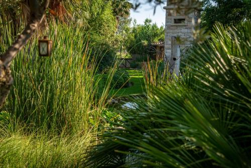 a garden with tall grass and a bird house at Achtis Hotel in Afitos