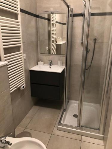 a bathroom with a shower and a sink and a toilet at VILLA ZAIRA in Il Cristo