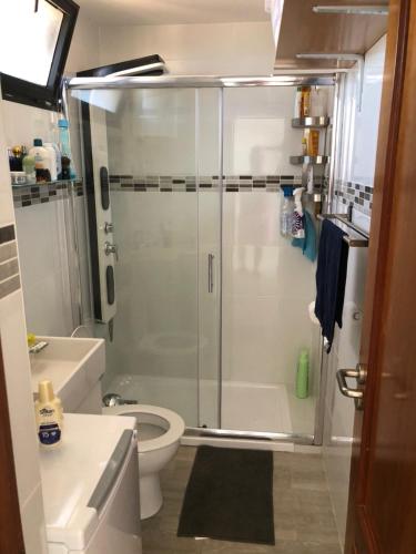 ein Badezimmer mit Dusche und Toilette in der Unterkunft Dunasol in Corralejo