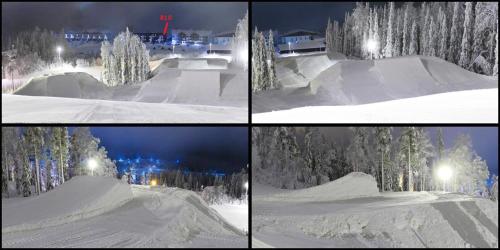 four pictures of a snow covered ski slope at night at SKIVILLAS 61 UKKOHALLA in Hyrynsalmi