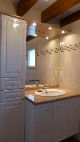 La salle de bains est pourvue d'un lavabo et d'un miroir. dans l'établissement l'Ecrin au coeur des vignes, à Saint-Georges-sur-Cher
