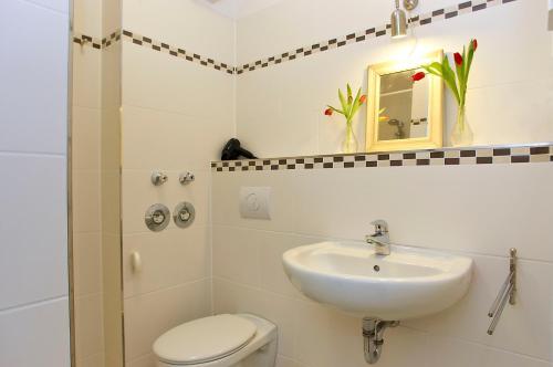 a bathroom with a sink and a toilet and a mirror at Raja Jooseppi Apartments - Spittelmarkt Historische Mitte in Berlin