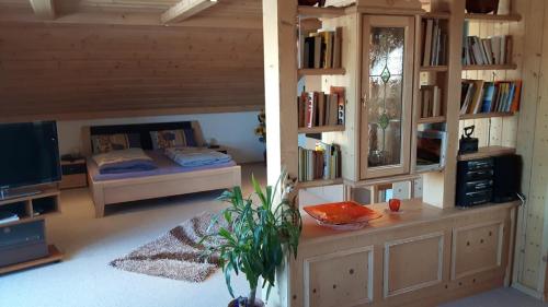 a room with a bedroom with a bed and bookshelves at Ferienwohnung Bücherl in Waldmünchen