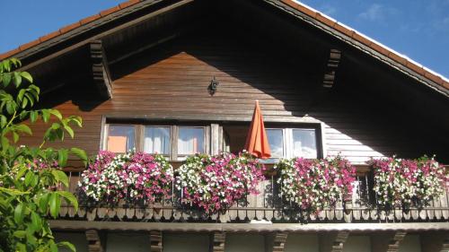a house with lots of flowers on a balcony at Ferienwohnung Bücherl in Waldmünchen