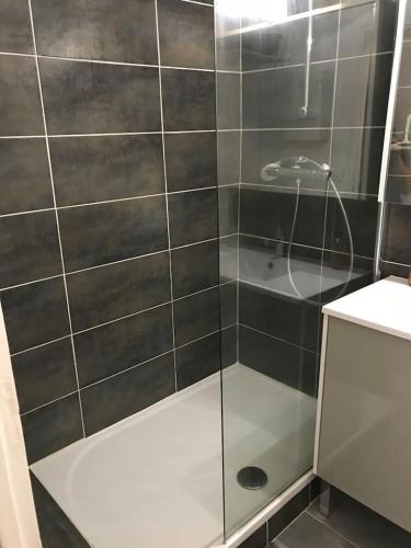 une douche avec une porte vitrée dans une salle de bain dans l'établissement Charmant studio, centre-ville, à Auxerre