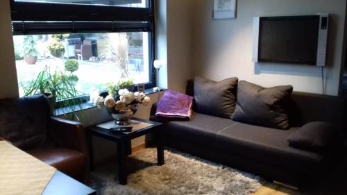 ein Wohnzimmer mit einem Sofa, einem Tisch und einem Fenster in der Unterkunft Ferienwohnanlage Zur Himmelsleiter in Tirschenreuth