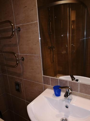 a bathroom with a sink and a mirror at Everest Kivioli Hostel in Kiviõli