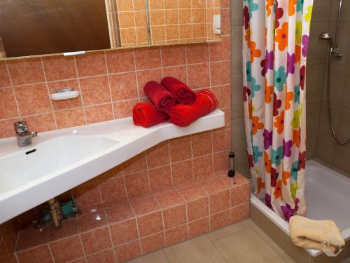 un bagno con asciugamani rossi su un lavandino e una doccia di Ferienwohnung Konigsegg Ines Koch a Reichenau