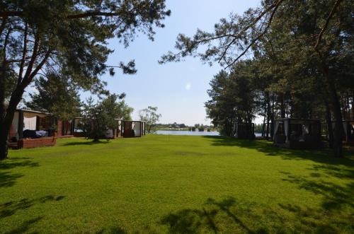 a large grass field with trees and a lake at Sobi Hotel in Vyshhorod