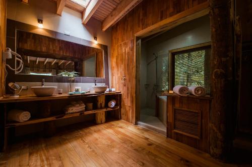 a bathroom with a sink and a mirror at Huilo Huilo Nawelpi Lodge in Huilo Huilo