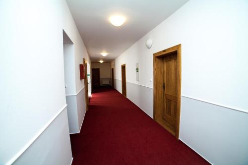 a hallway with a red carpet and a wooden door at Hotel Pod Zámkem in Vranov nad Dyjí