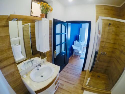 a bathroom with a sink and a shower at Cristi's Rooms - Pensiune in Oradea