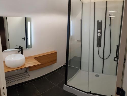 ein Bad mit einer Glasdusche und einem Waschbecken in der Unterkunft La Ferme Bleue in Tournai