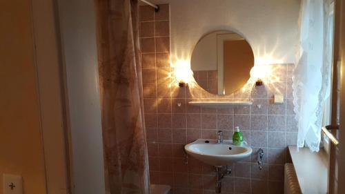 La salle de bains est pourvue d'un lavabo et d'un miroir. dans l'établissement Pension Sonnenhof, à Braunlage