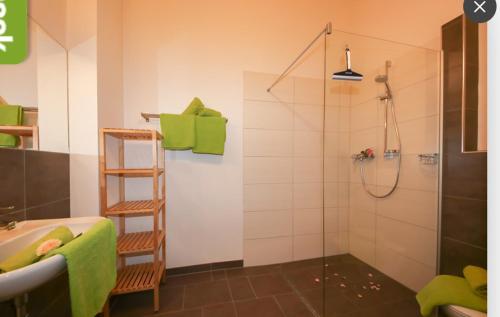 een badkamer met een douche en een glazen deur bij Dürnberggut in Sankt Martin bei Lofer