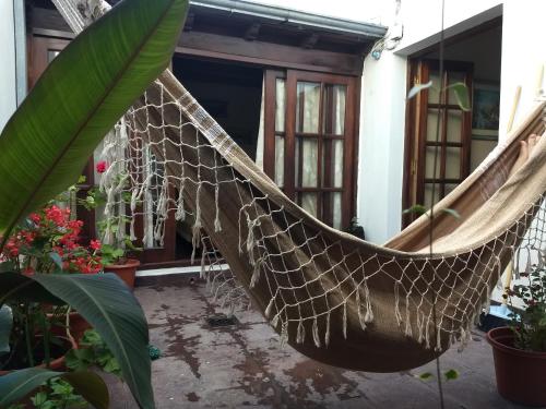 una hamaca colgada fuera de una casa con plantas en Departamento en Salta