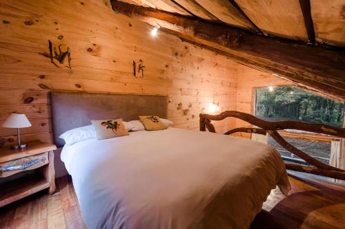 a bedroom with a bed in a wooden cabin at Huilo Huilo Cabañas del Bosque in Huilo Huilo