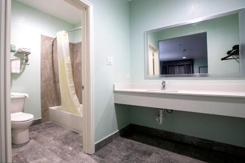 La salle de bains est pourvue d'un lavabo, de toilettes et d'un miroir. dans l'établissement Hotel Bel Air, à Houston