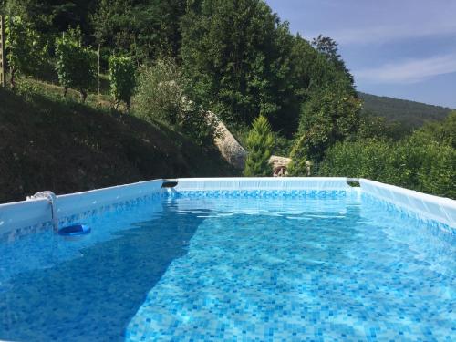 een blauw zwembad met een heuvel op de achtergrond bij Il Frantoio - a in Lucca