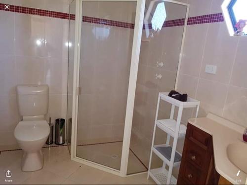 a bathroom with a shower and a toilet and a sink at Murrayview Guest House in Tailem Bend