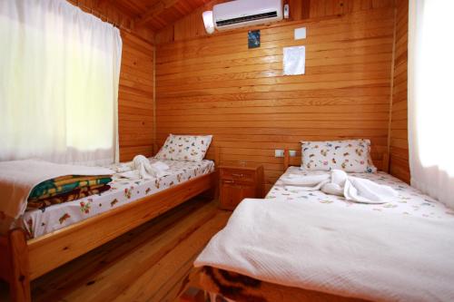 two beds in a room with wooden walls at Olympos Doga Pansiyon in Olympos