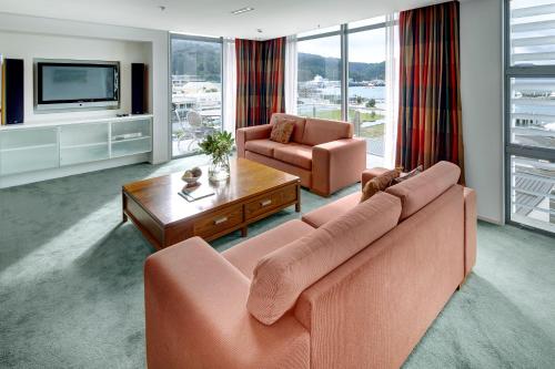 a living room with two couches and a television at Edit Picton in Picton