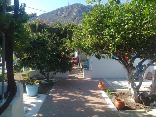 a pathway with trees and a mountain in the background at Dionysia Studios in Kefalos