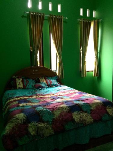una camera verde con un letto con una coperta colorata di Fidigri Homestay a Cikembulan