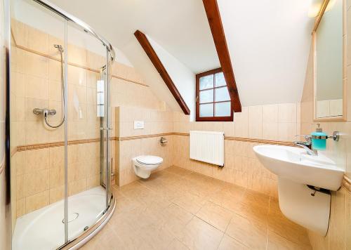 a bathroom with a toilet a sink and a bathtub at Penzion Prelat in Český Krumlov